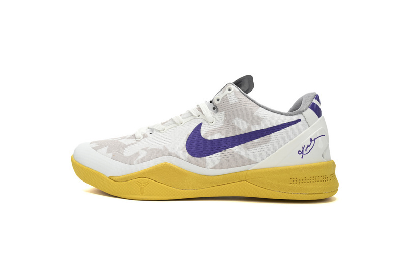 5899834f419d1b9e155aae68358fdb55 Nike Kobe 8 Low White/Purple-Yellow 555035-101 - Image 1