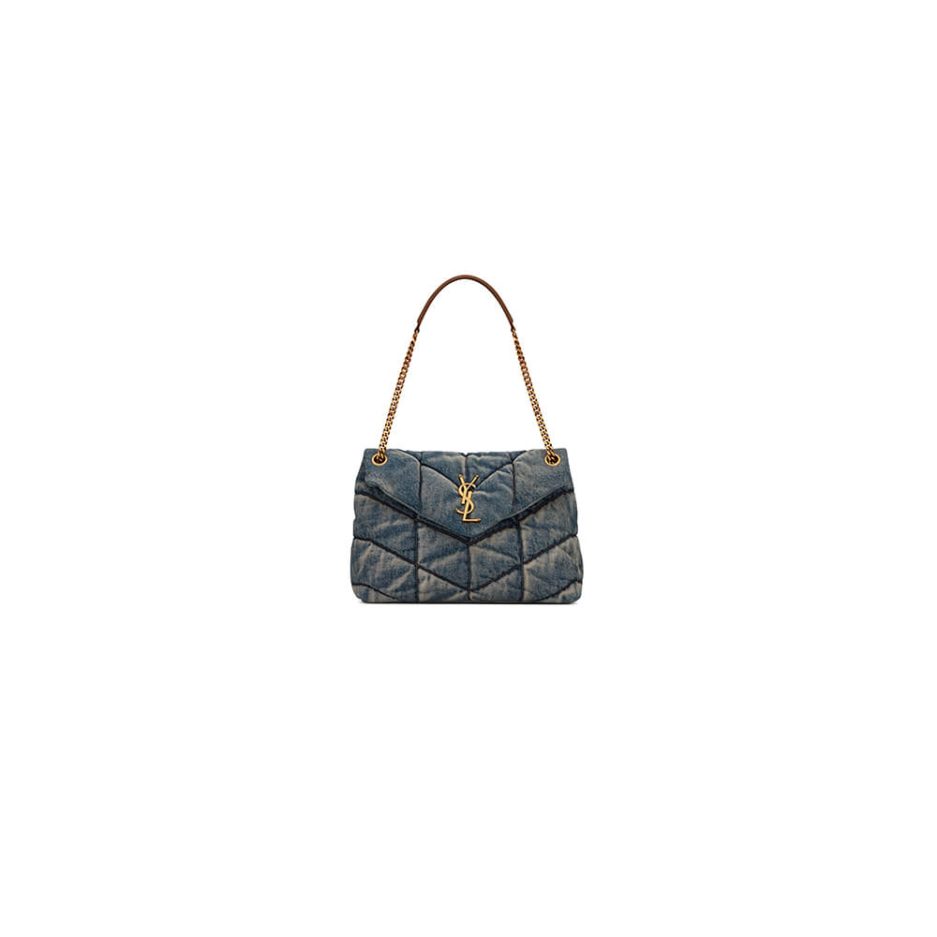 9edc3b9880ef5b682663739d0ab80f73 YSL PUFFER MEDIUM IN SUEDE AND DENIM - Image 1